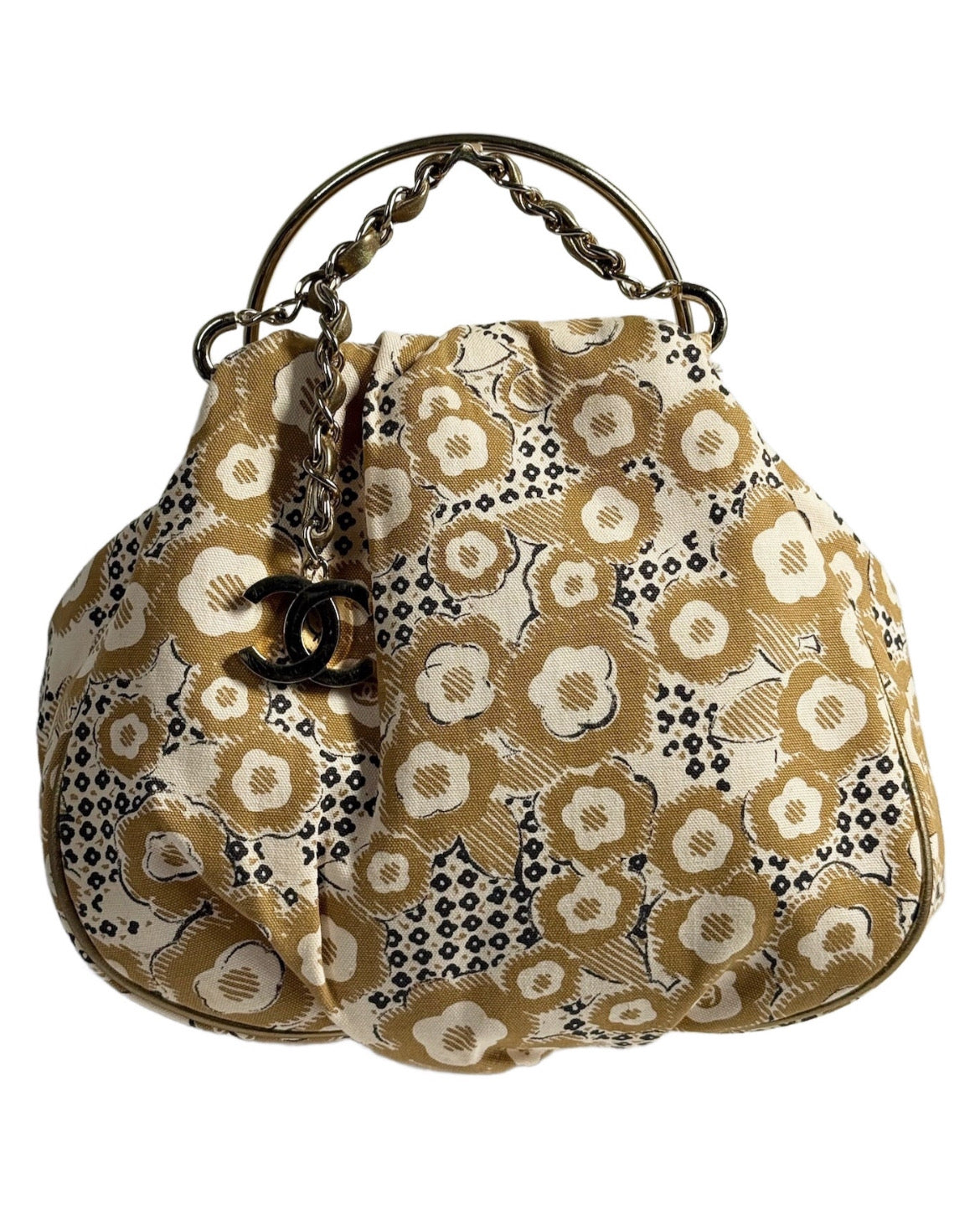 Chanel Vintage 00s Beige Camelia Print Chain Top Handle Clutch Bag
