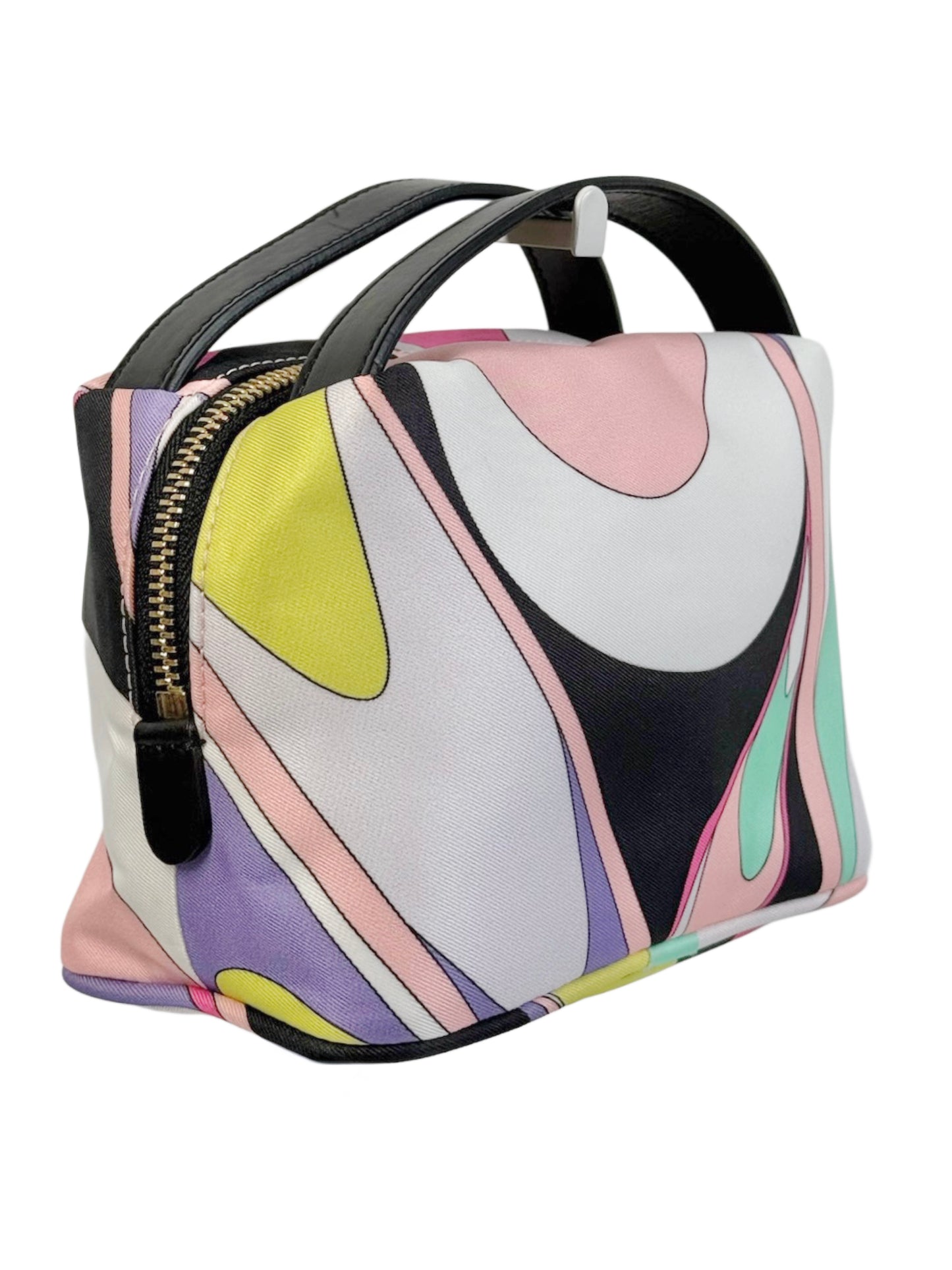 Emilio Pucci Multicolor Nylon Mini Top Handle Cosmetic Pouch Bag w Black Leather Trim