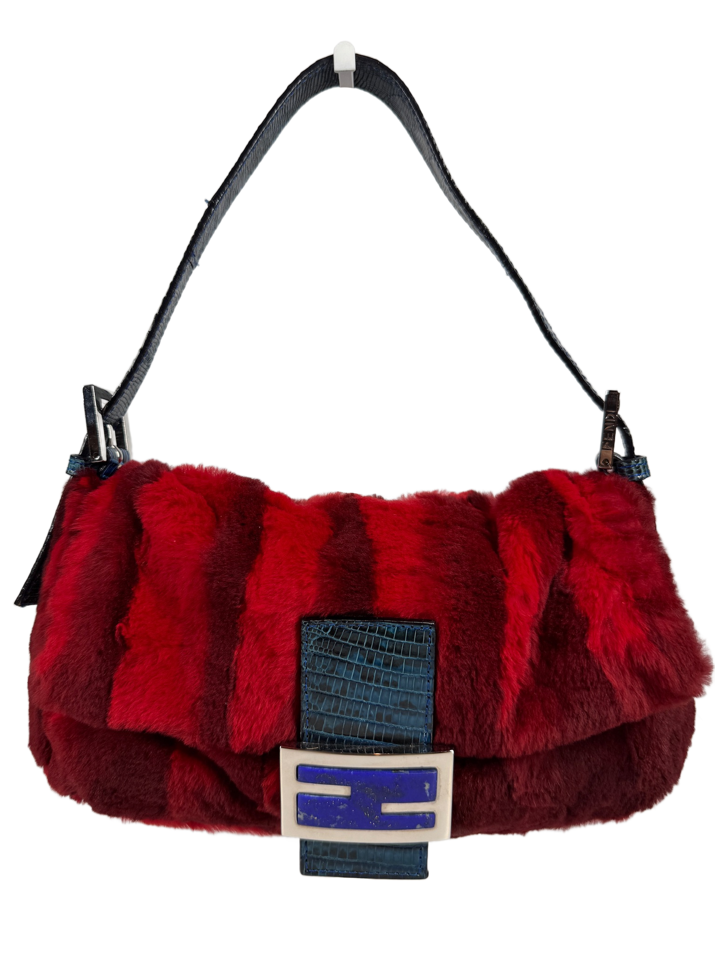 Fendi Vintage Red Rabbit Fur Blue Lizard Trim Shoulder Baguette Bag 