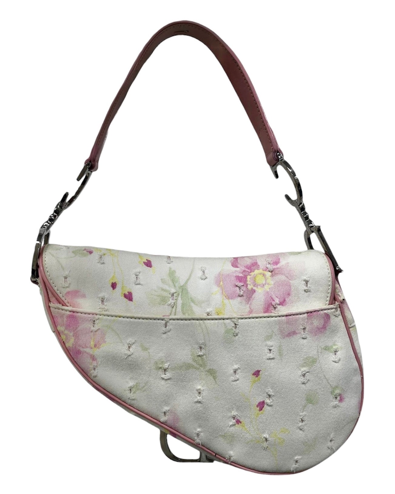 Dior Vintage 2003 White Distressed Pink Floral Canvas Leather Trim Medium Saddle Shoulder Bag