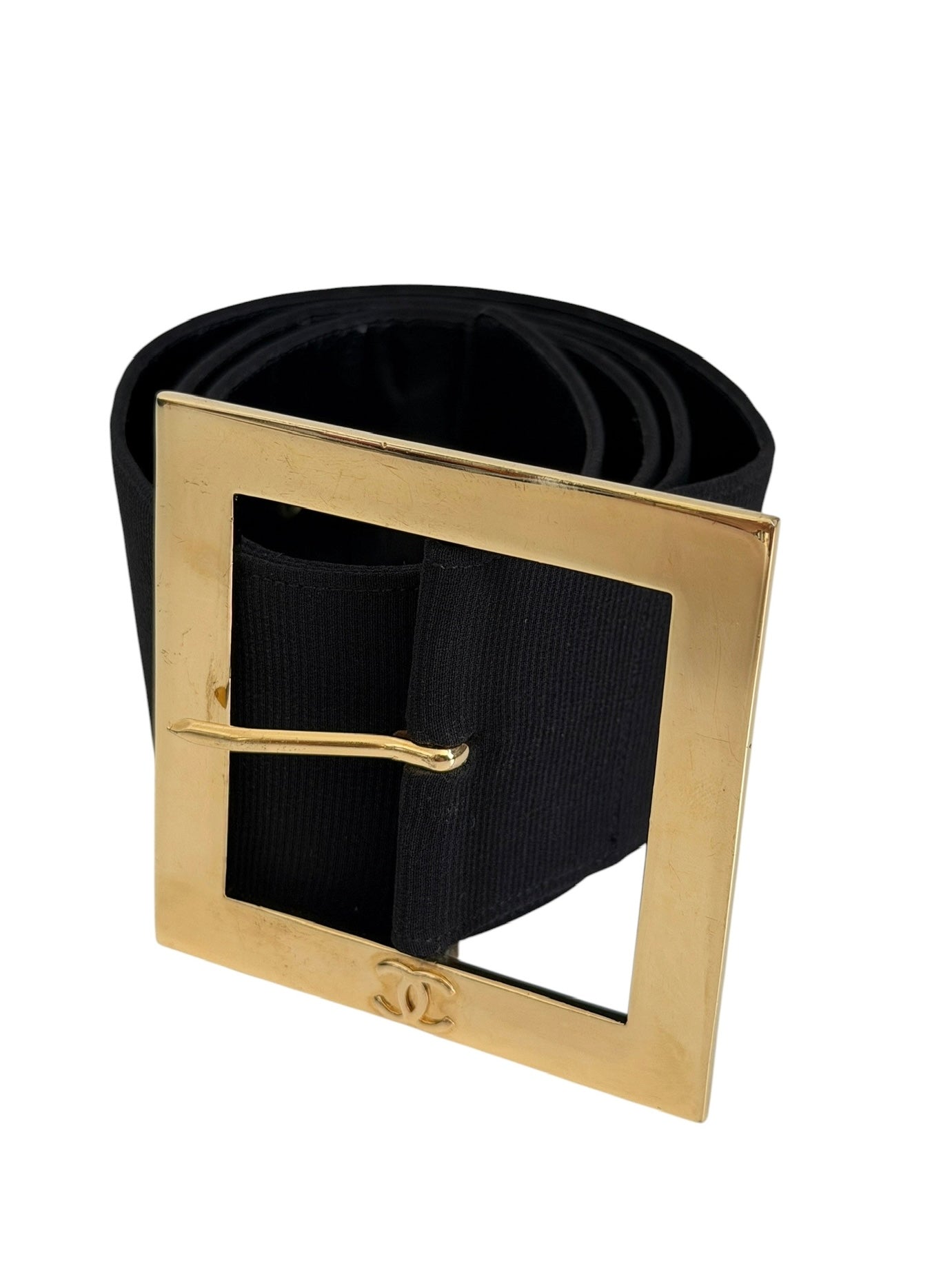 Chanel Vintage Black Nylon Leather Square CC Logo 24K GPHW Belt - Size 38