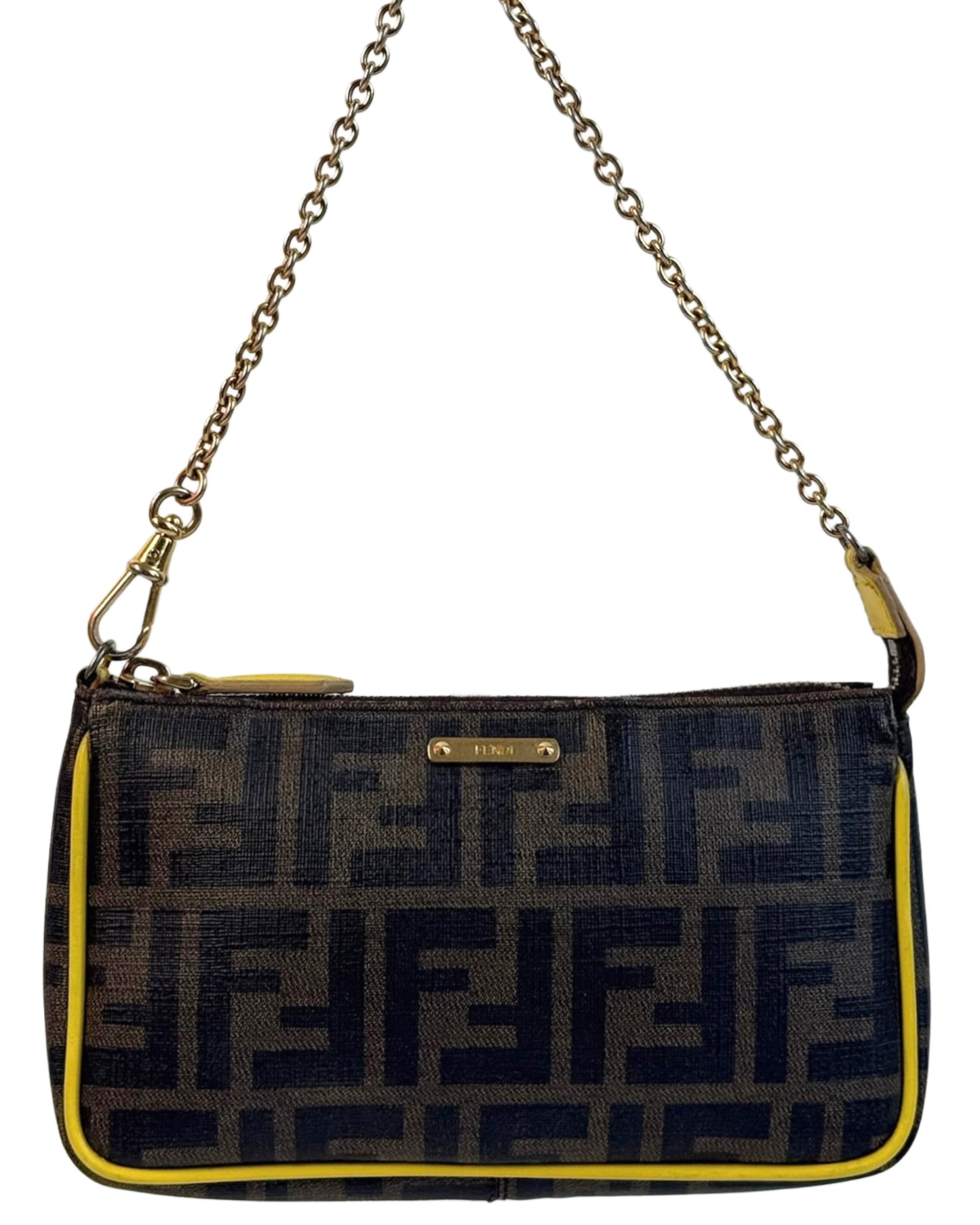 Fendi Vintage Brown Zucca Monogram Coated Canvas Pochette Bag w Yellow Leather Trim