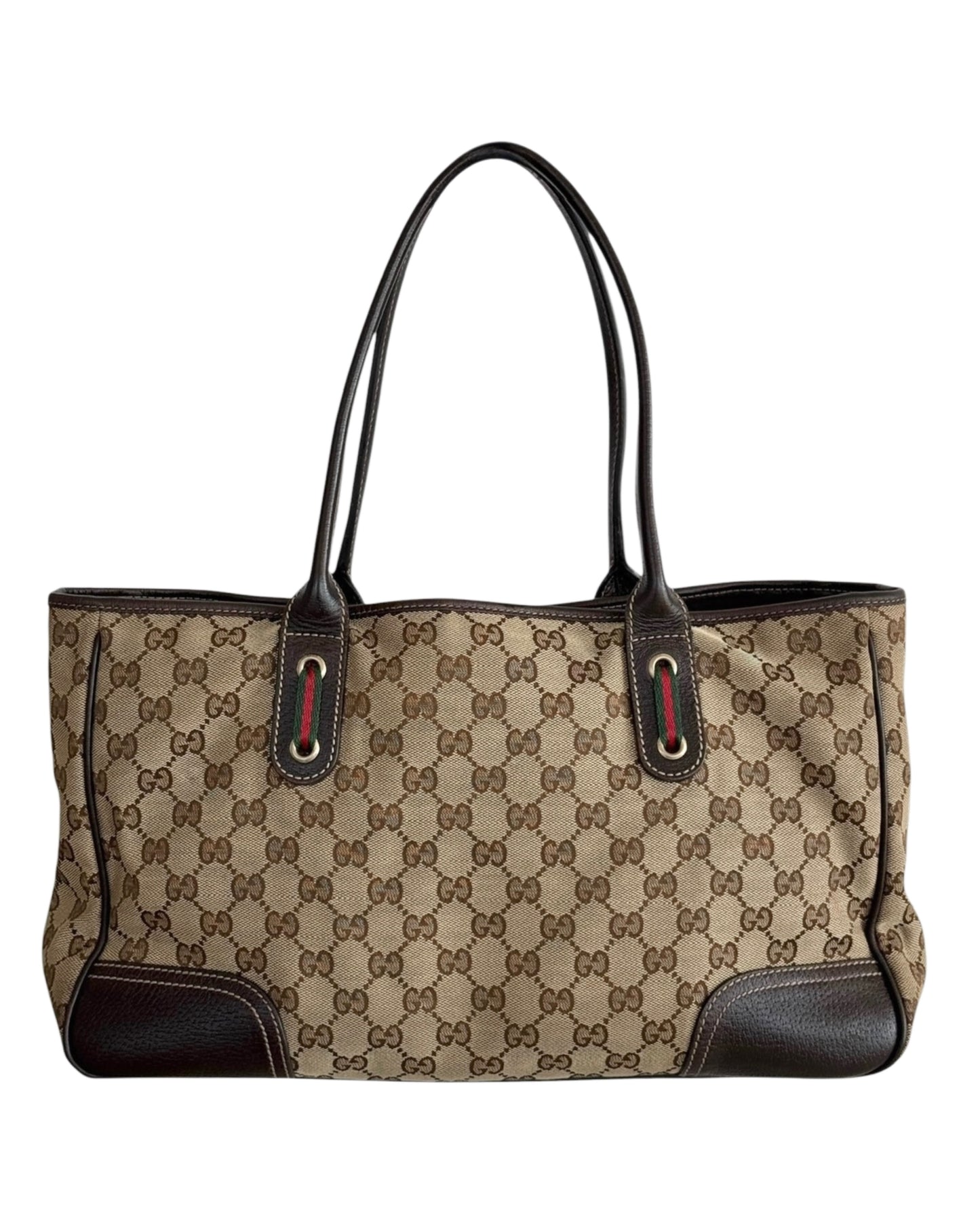 Gucci Vintage Brown GG Monogram Princy Medium Shoulder Tote Bag with Webb Stripe Bow