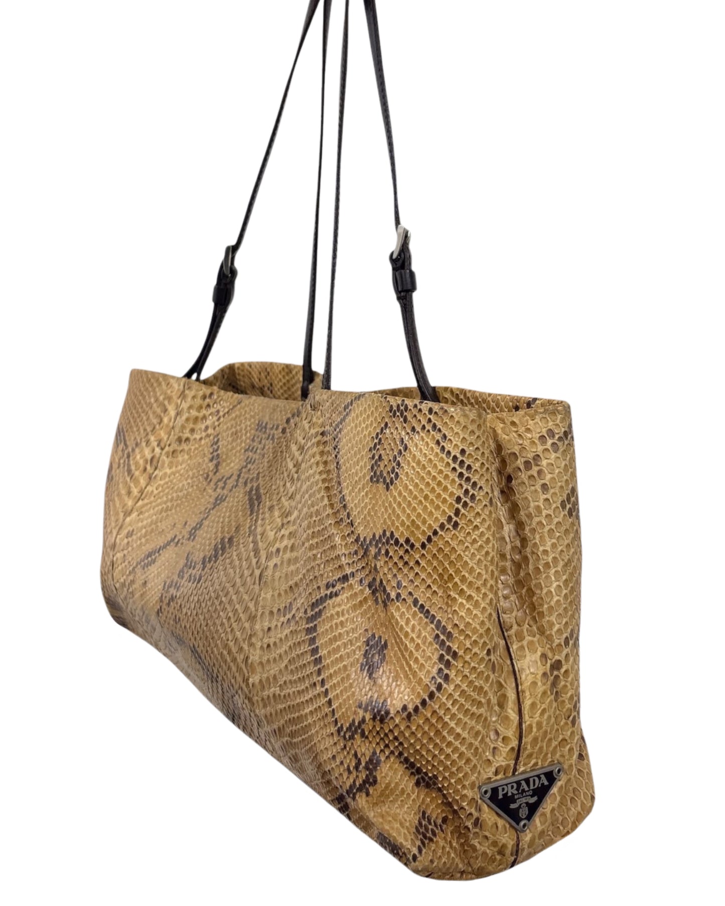 Prada Vintage Light Brown Python East West Shoulder Tote Bag 