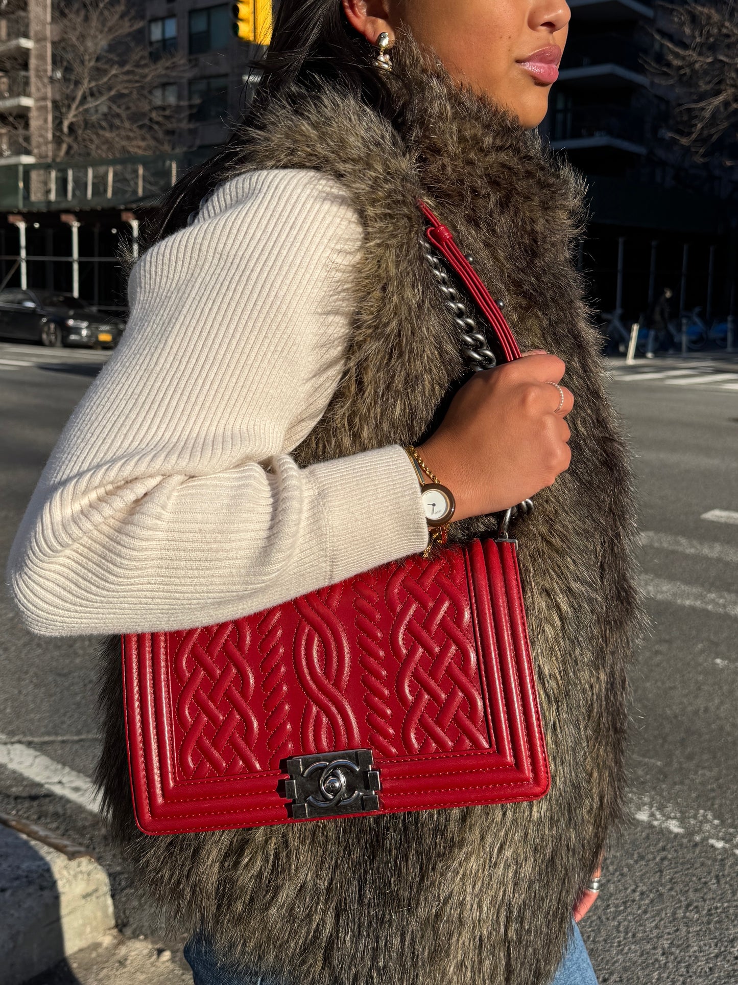 Chanel Red Sweater Lambskin Leather Medium Le Boy Shoulder Flap Bag