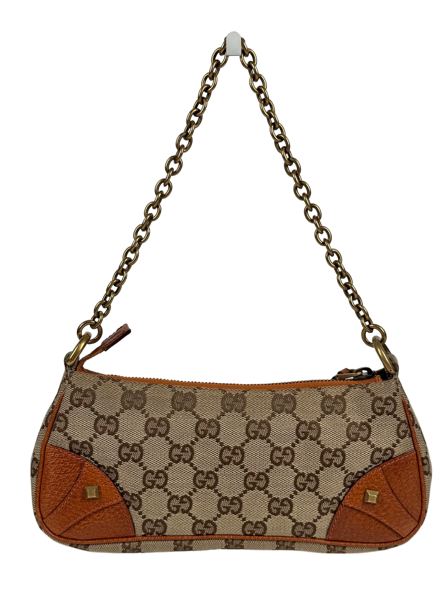 Gucci Vintage Brown GG Monogram Canvas Orange Leather Trim Chain Link Studded Shoulder Pochette Bag