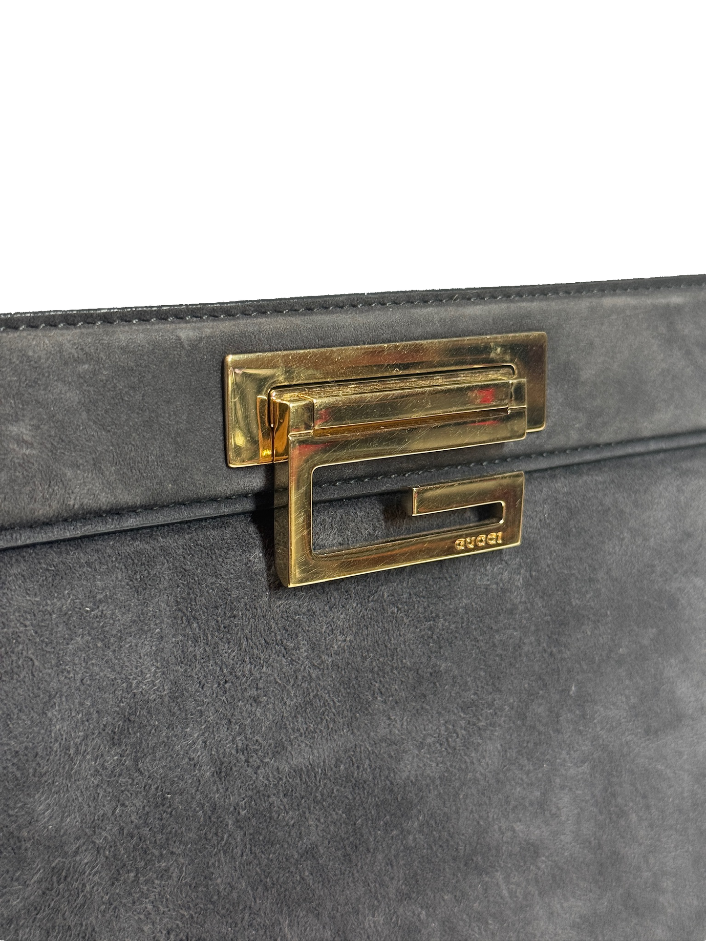 Gucci Vintage 80s Gray Suede Trapezoid G Top Handle Shoulder Bag