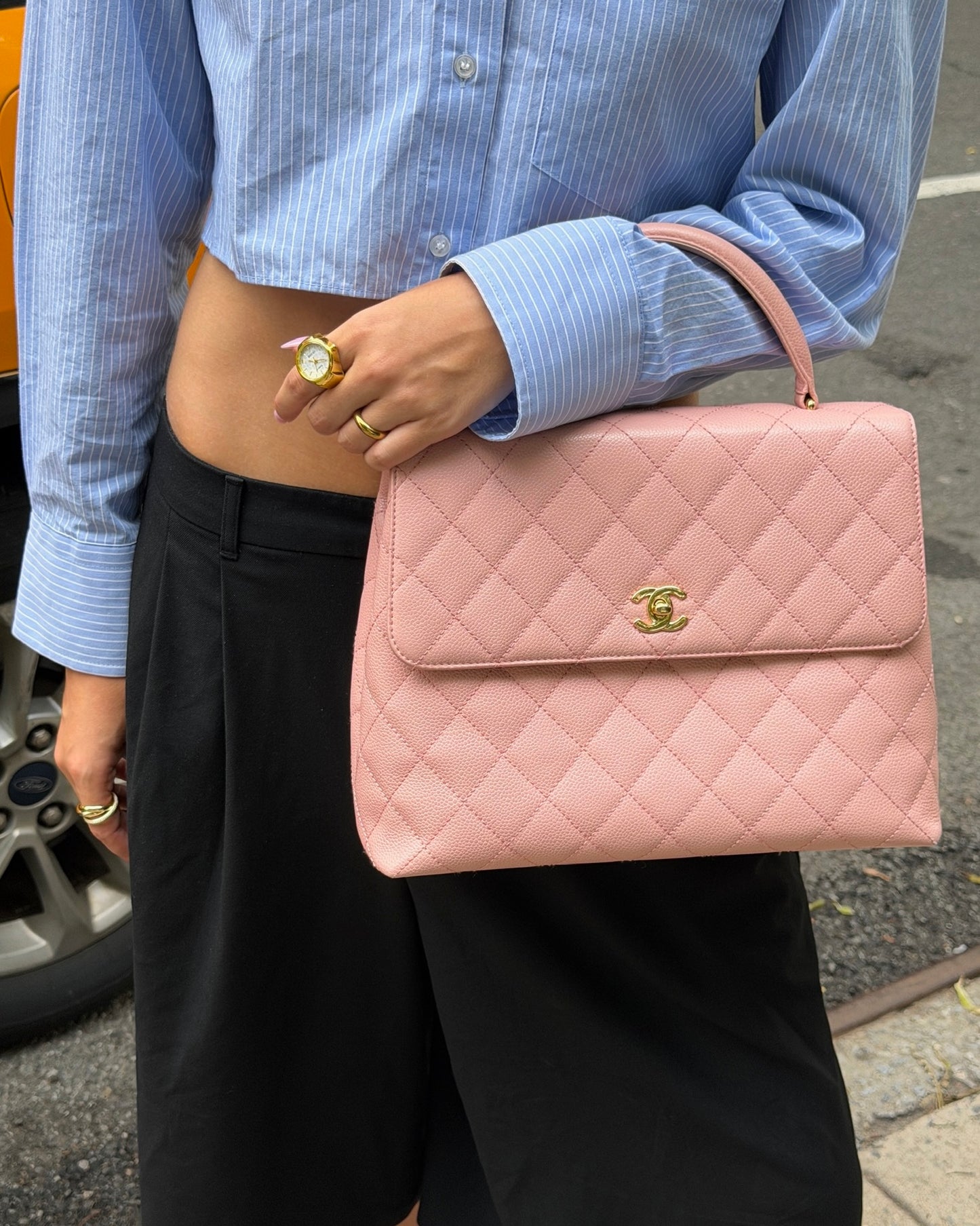 Chanel Vintage 00s Sakura Pink Quilted Caviar Leather Medium Kelly Top Handle Classic Flap Bag