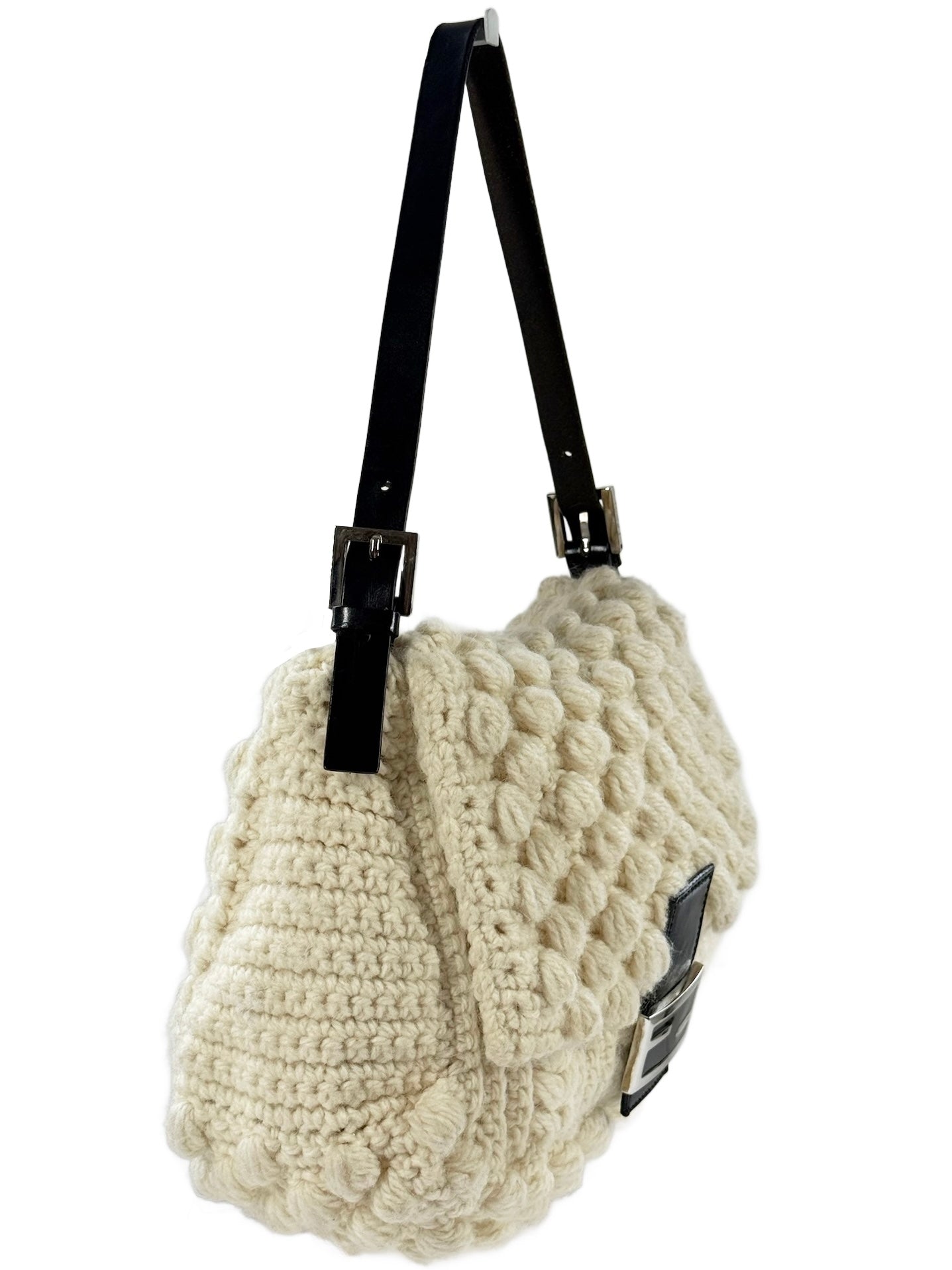 Fendi Vintage Ivory Crochet Knit Mamma Shoulder Baguette Bag