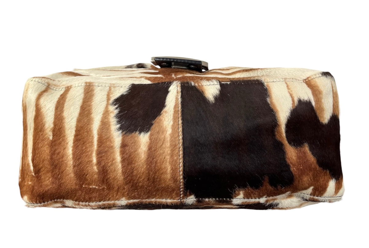 Fendi Vintage Ivory & Brown Animal Print Pony Hair Mamma Shoulder Baguette Bag