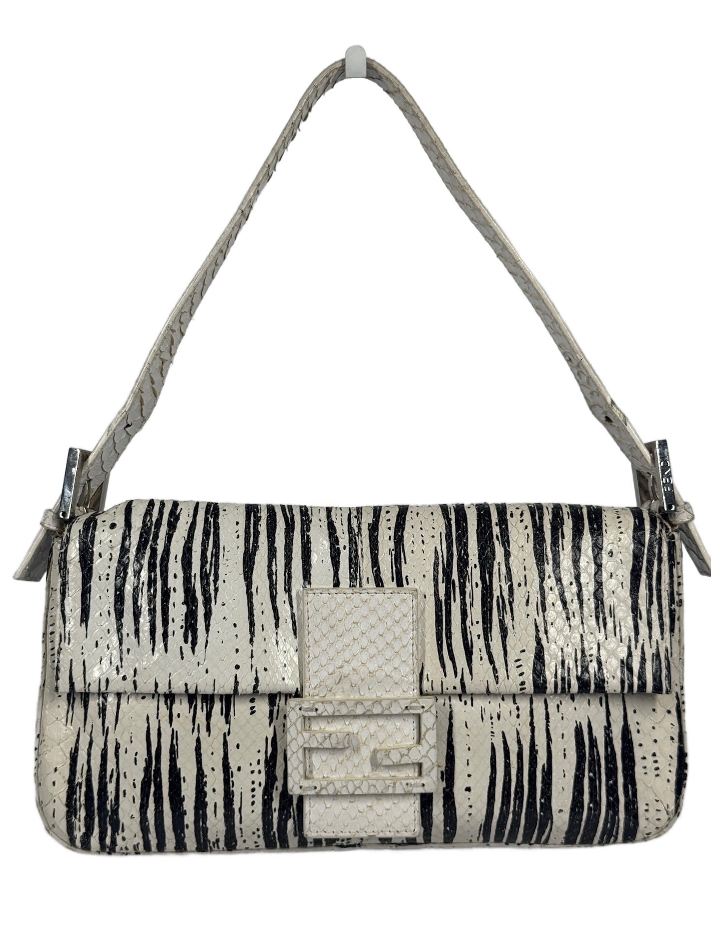 Fendi Vintage White & Black Zebra Print Snakeskin Baguette Shoulder Bag