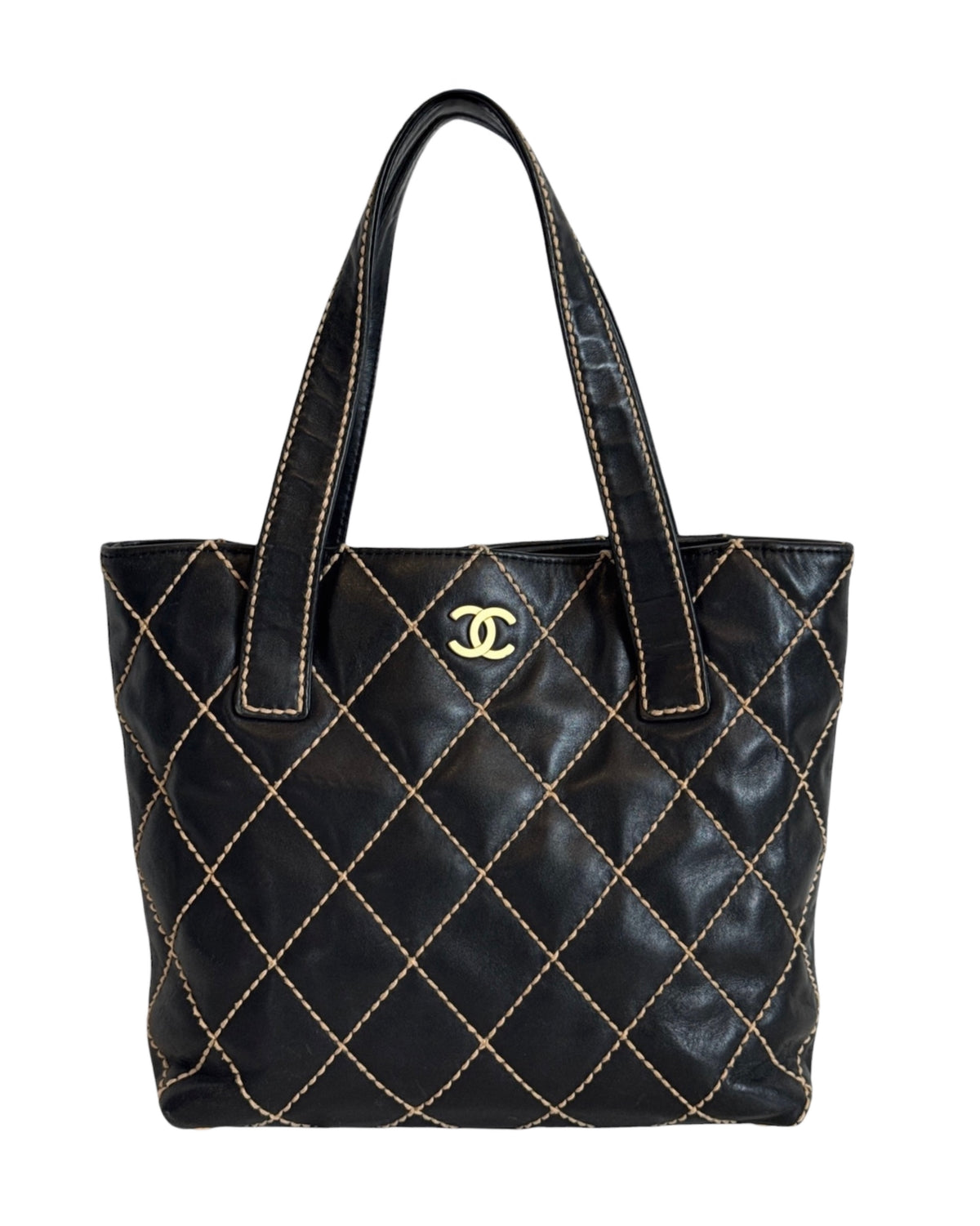Chanel Vintage 00s Black Quilted Lambskin Wild Stitch Small Shoulder Tote Bag