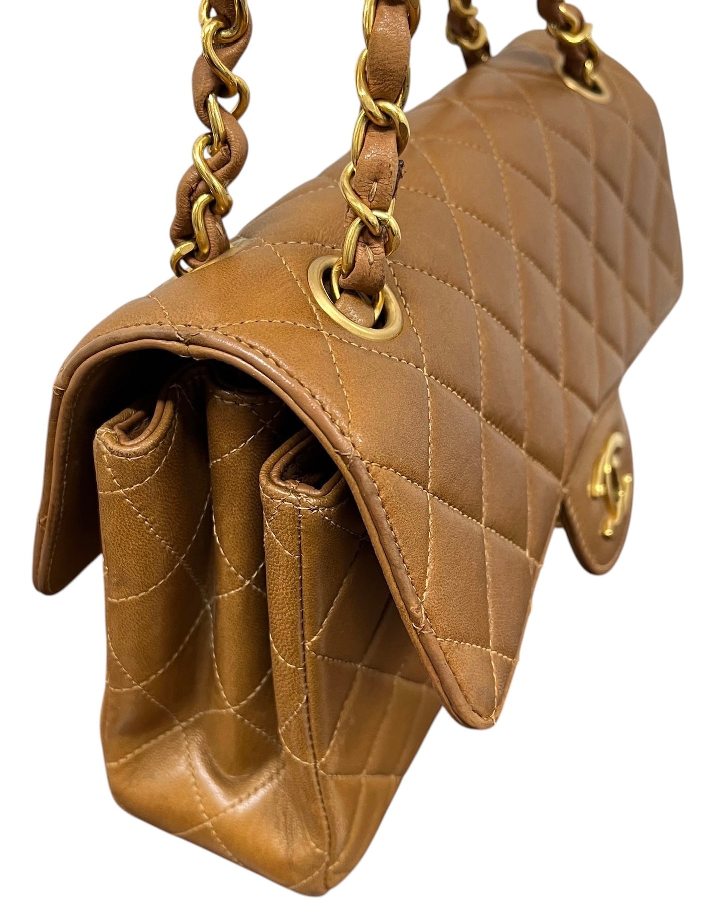 Chanel Vintage 90s Light Brown Quilted Lambskin Small Two-Faced Double Sided Classic Flap Bag with 24K Gold Plated Hardware 