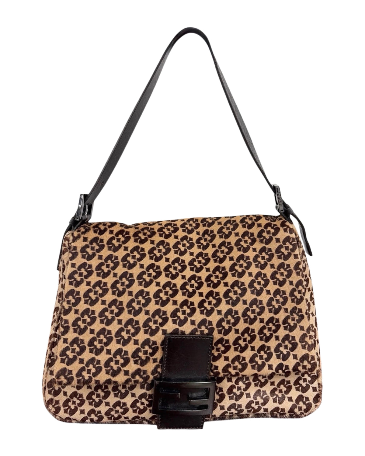 Fendi Vintage Light Beige Brown Geometric Print Pony Hair Shoulder Mamma Baguette Bag