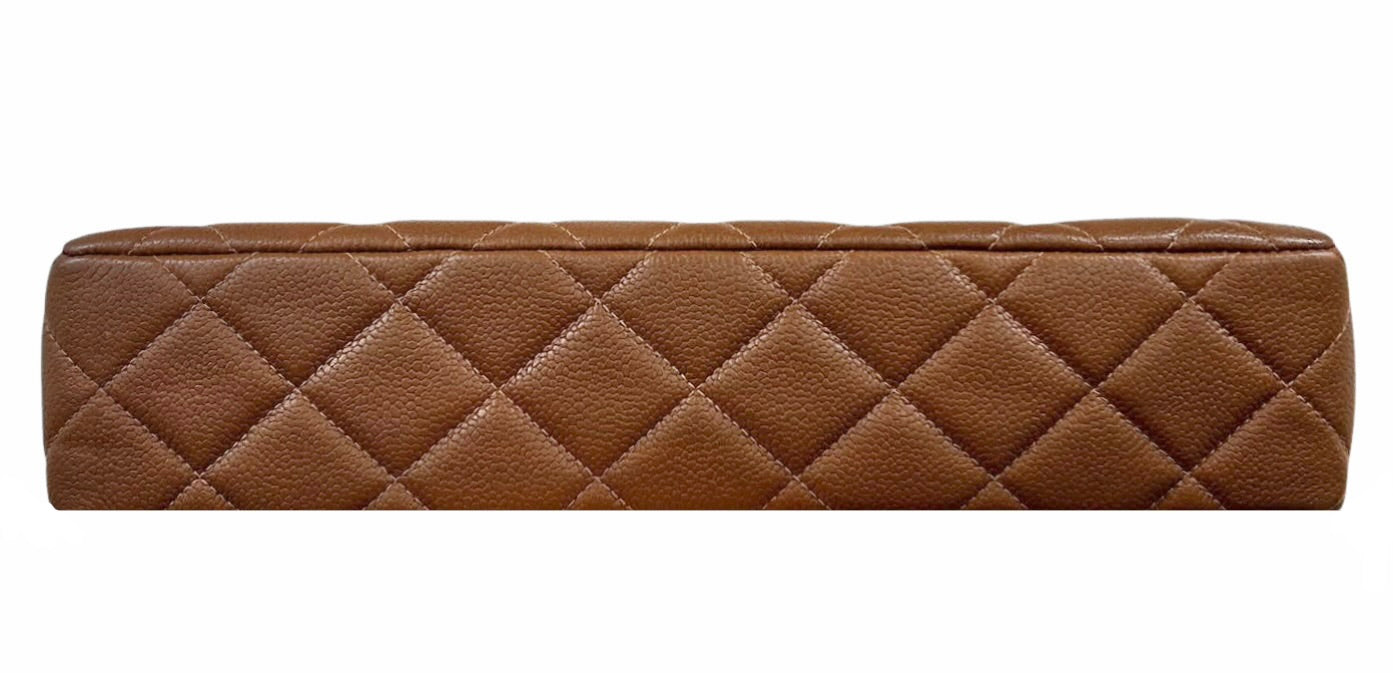 Chanel Vintage 90s Light Brown Quilted Caviar Classic Turnlock Shoulder Tote Bag with 24K Gold Plated Hardware