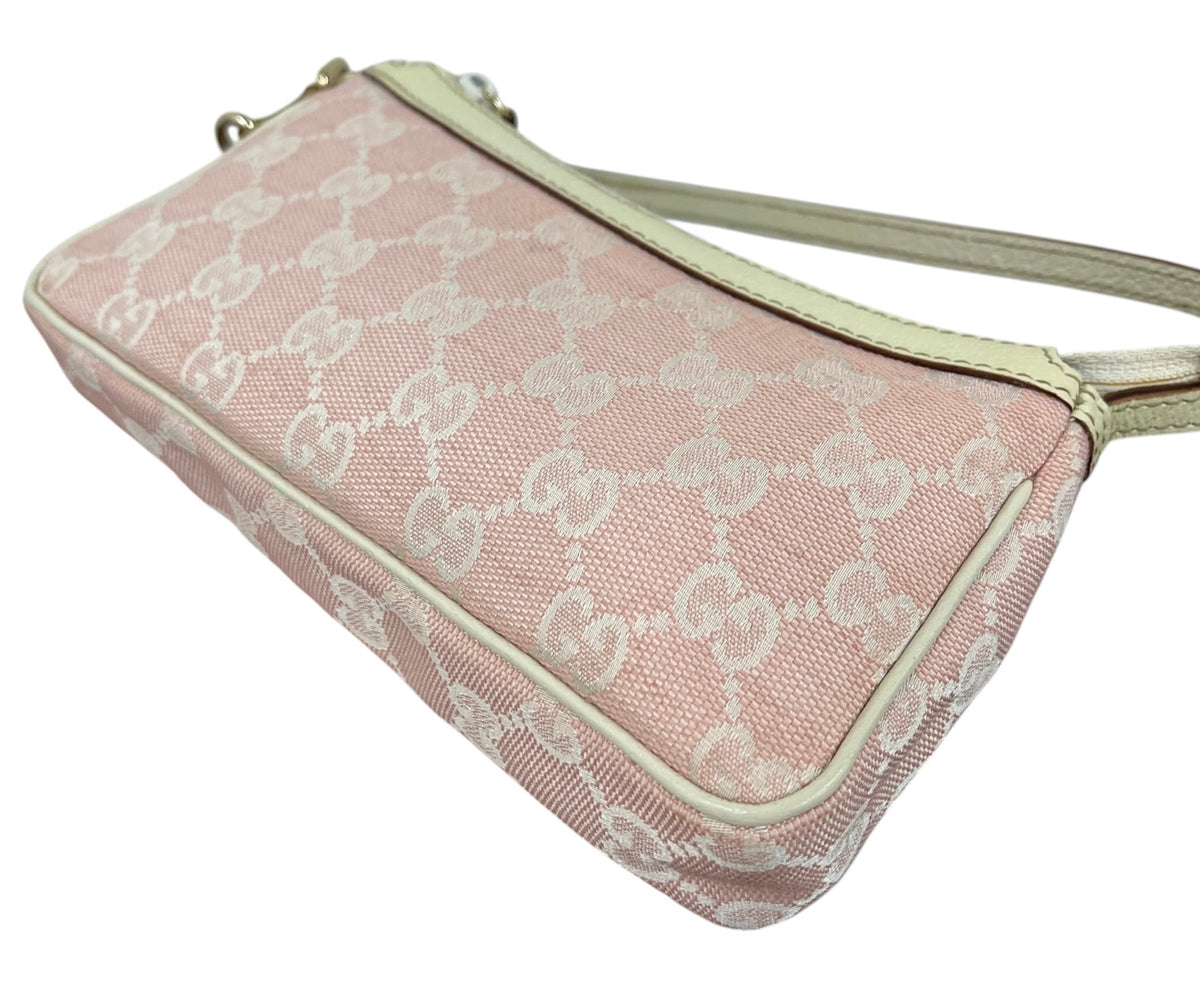 Gucci Vintage Pink GG Monogram White Leather Trim Mini Charmy Shoulder Pochette Bag