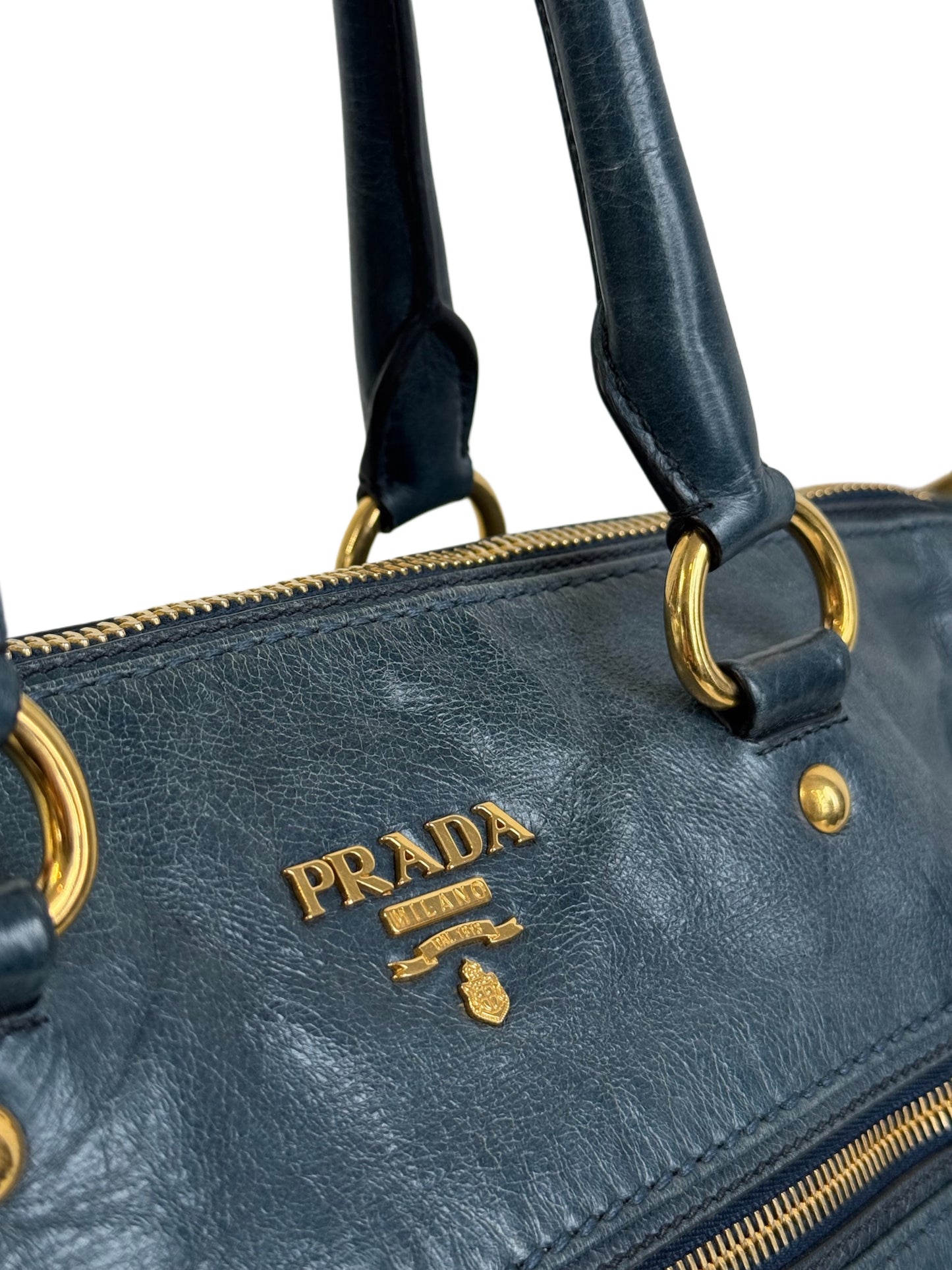 Prada Vintage Midnight Blue Crinkled Calfskin Leather Top 2-Way Hobo Shoulder Bag