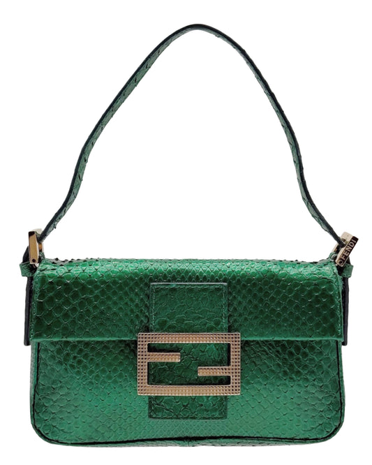 Fendi Vintage Green Snakeskin Mini Shoulder Baguette Bag