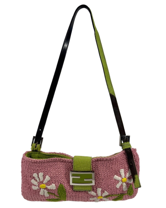 Fendi Vintage Pink Knit Floral Green Cow Print Pony Hair Trim Shoulder Baguette Bag