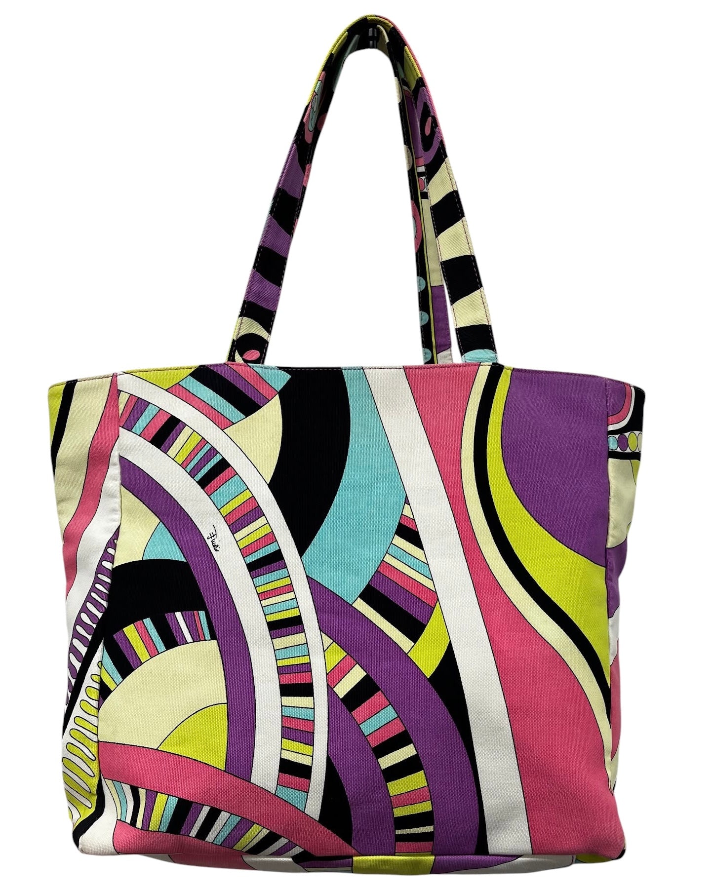 Emilio Pucci Vintage Pink Purple Green Canvas Large Shoulder Tote Bag