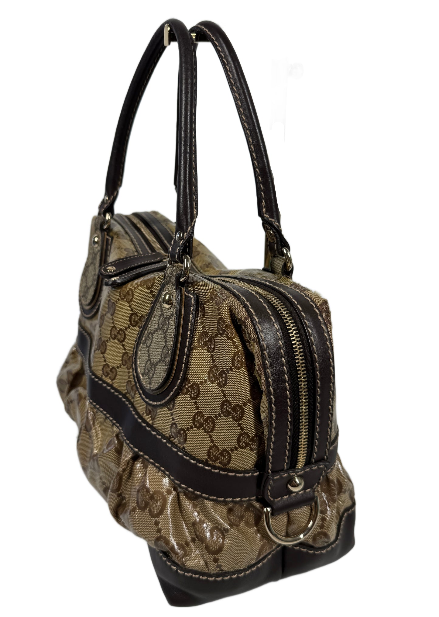 Gucci Vintage Coated Brown GG Monogram Canvas Crystal Mix Ruffle Handbag