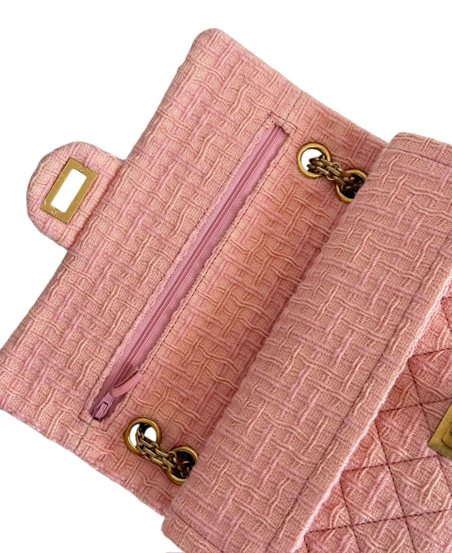 Chanel Light Pink Tweed 2.55 Reissue Medium Double Flap Bag with Aged Gold Hardware
