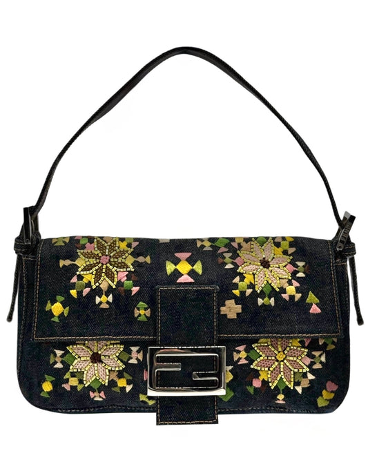 Fendi Vintage Blue Denim Aztec Floral Beaded Embroidered Shoulder Baguette Bag