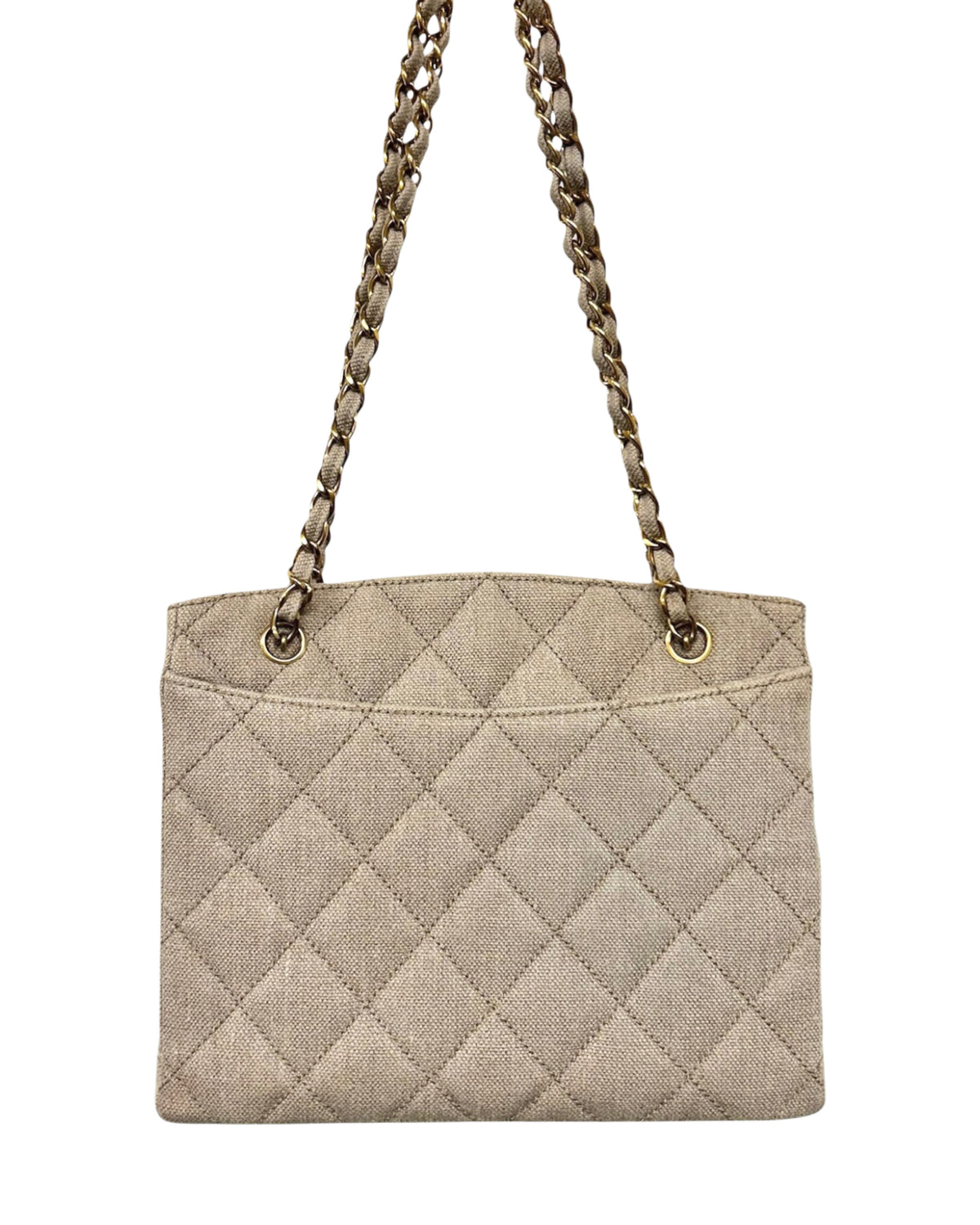 Chanel Vintage 90s Beige Linen Maxi CC Short Shoulder Chainlink Tote Bag with 24K Gold Plated Hardware