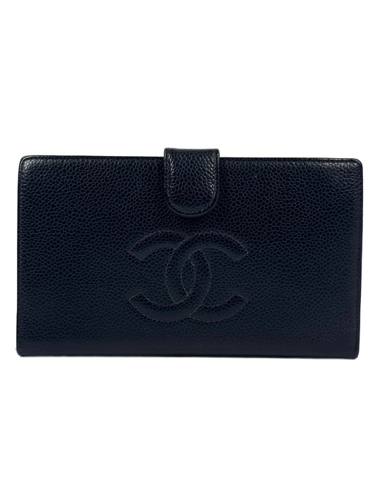 Chanel Vintage Black Caviar CC Logo Long Snap Bifold Wallet