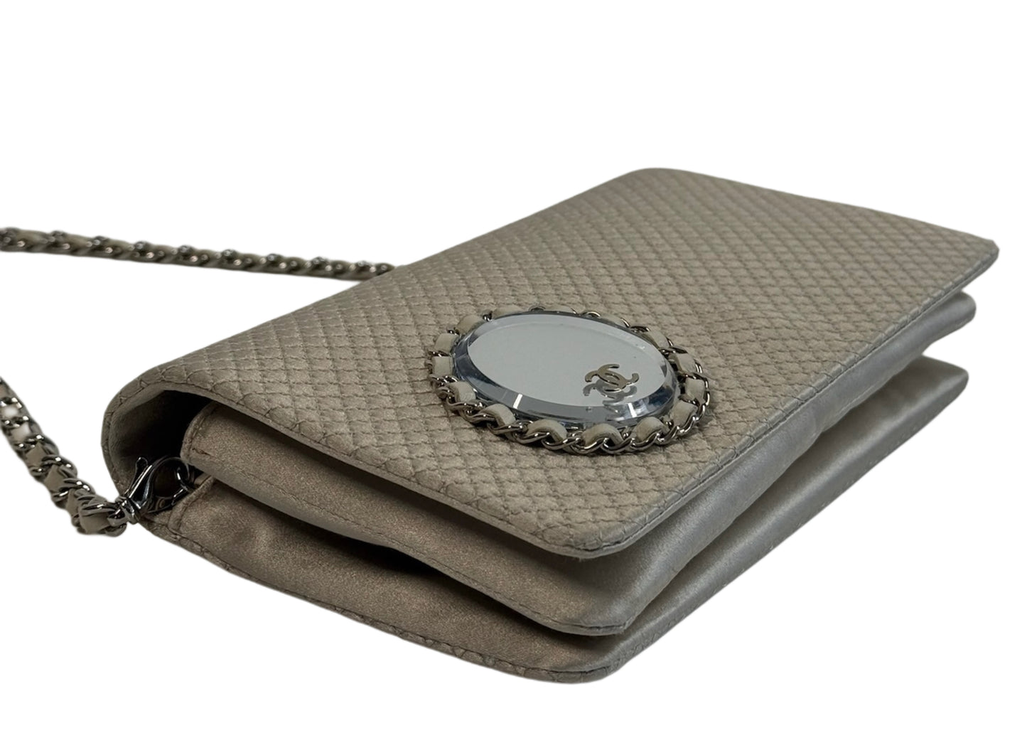 Chanel Vintage Metallic Pewter Quilted Satin CC Logo Mirror Chain Shoulder Bag
