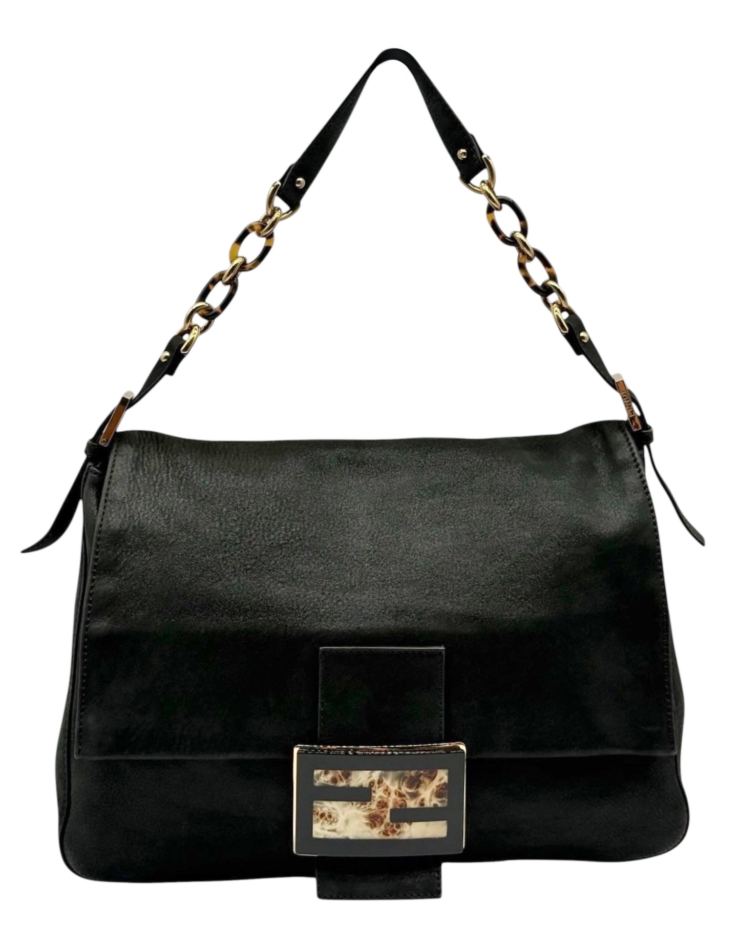 Fendi Vintage Black Micro Suede XL Mamma Baguette with Marble Logo