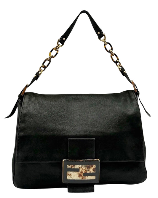 Fendi Vintage Black Micro Suede XL Mamma Baguette with Marble Logo