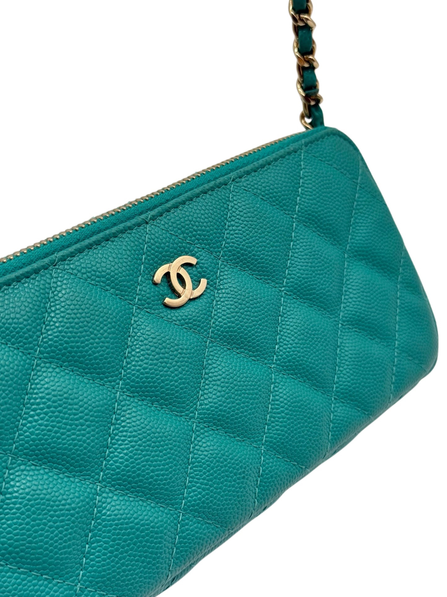 Chanel 2016 Turquoise Green Quilted Caviar Double Zip Wallet on Chain Bag