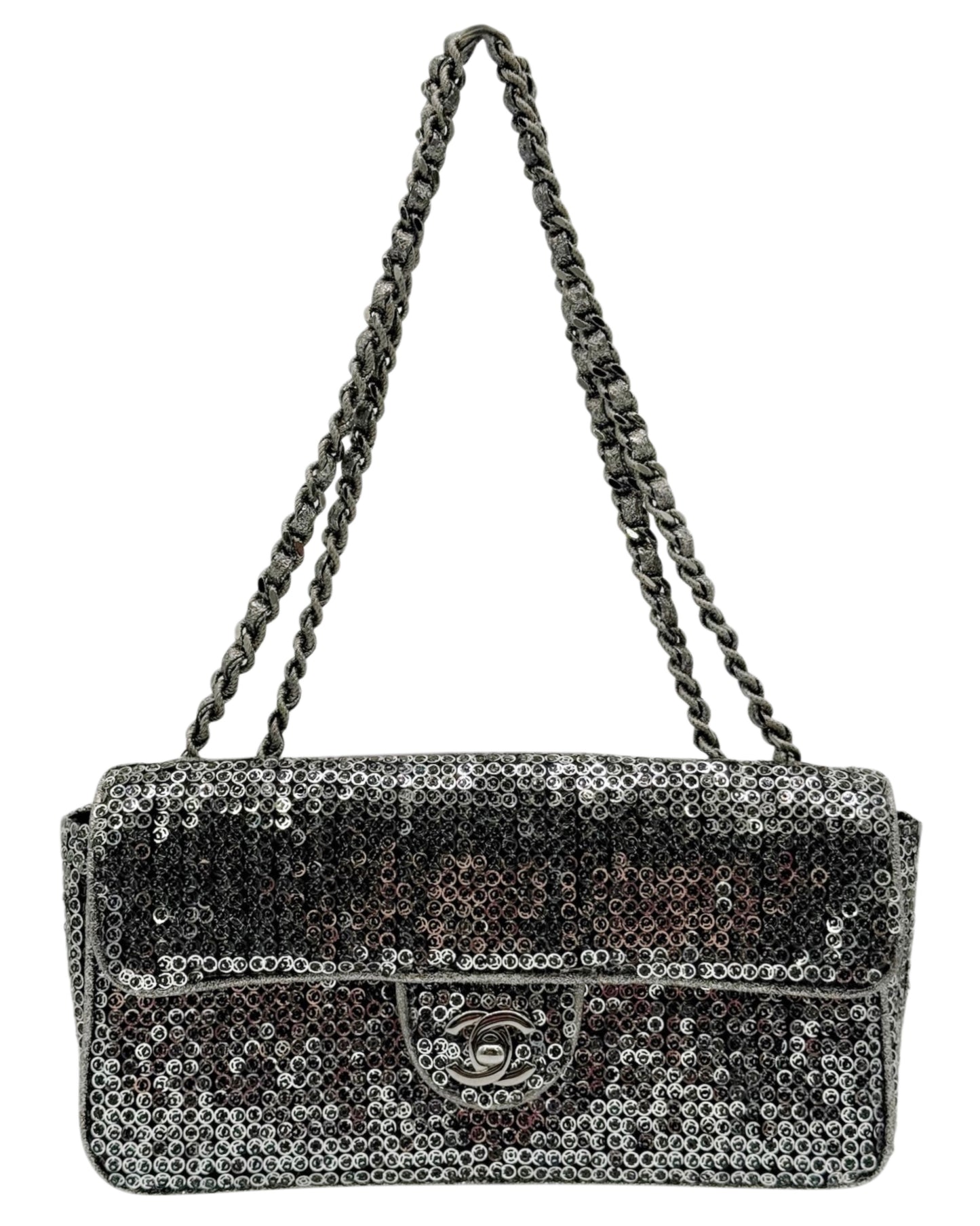Chanel Vintage Pewter Silver Sequin East West Classic Flap Shoulder Bag