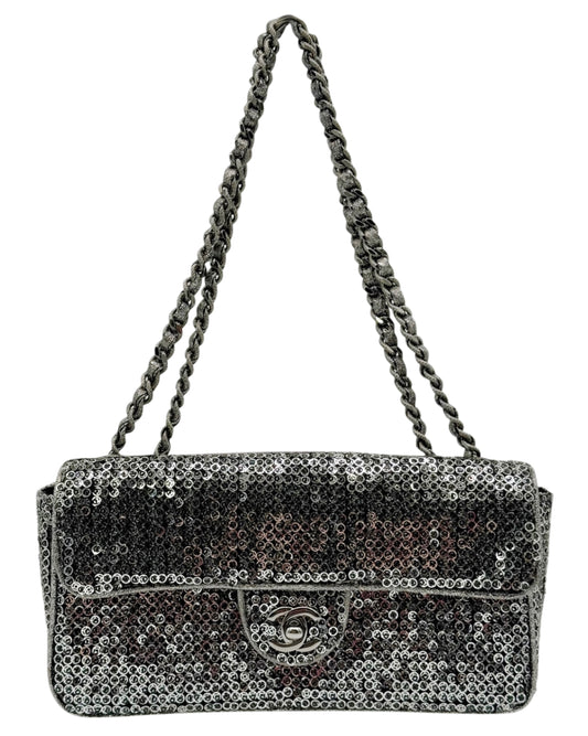 Chanel Vintage Pewter Silver Sequin East West Classic Flap Shoulder Bag