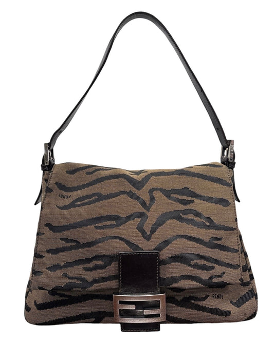 Fendi Vintage Brown & Black Zebra Print Canvas Mamma Baguette Shoulder Bag