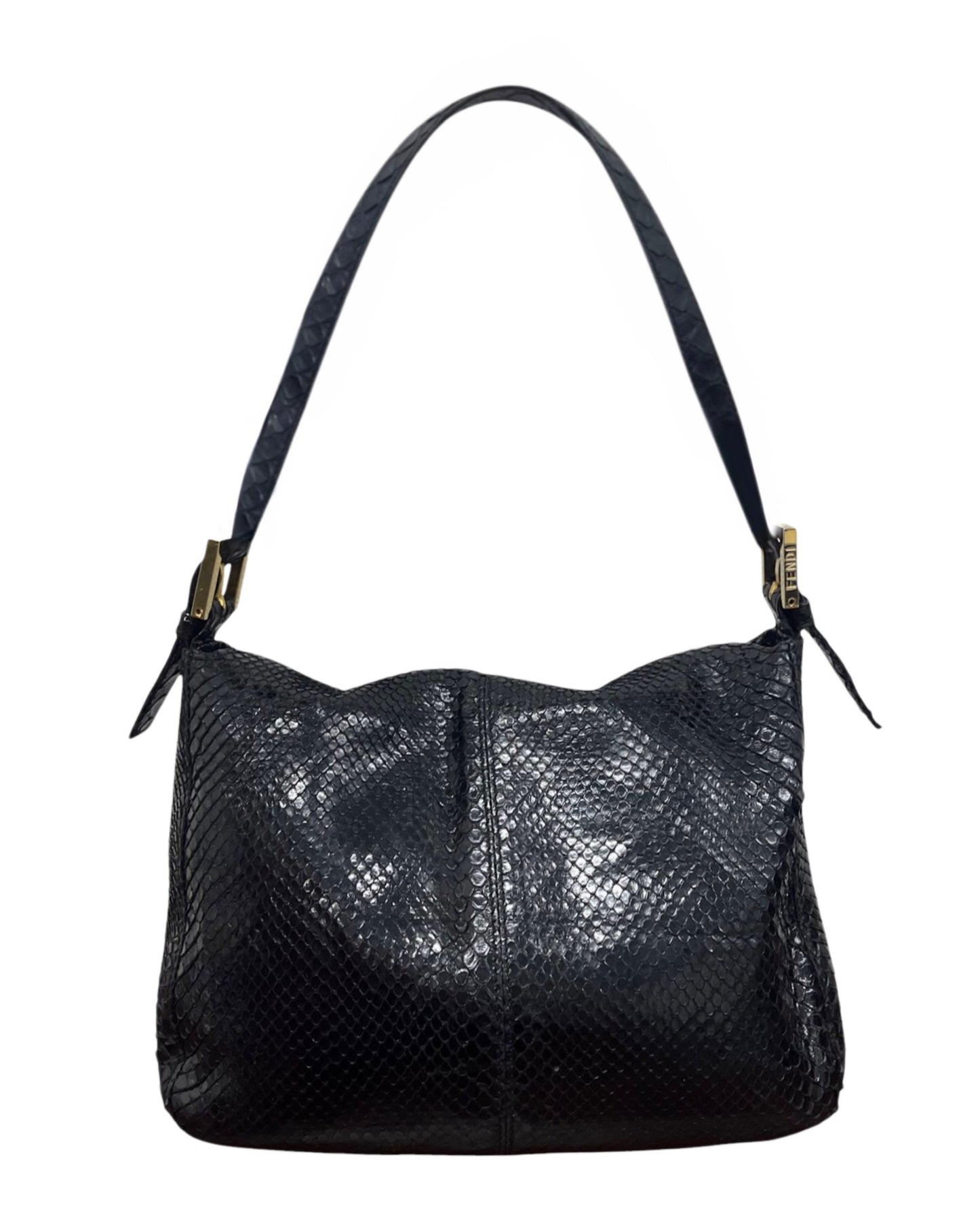Fendi Vintage Black Python Leather Double Flap Bucket Small Hobo Shoulder Baguette Bag