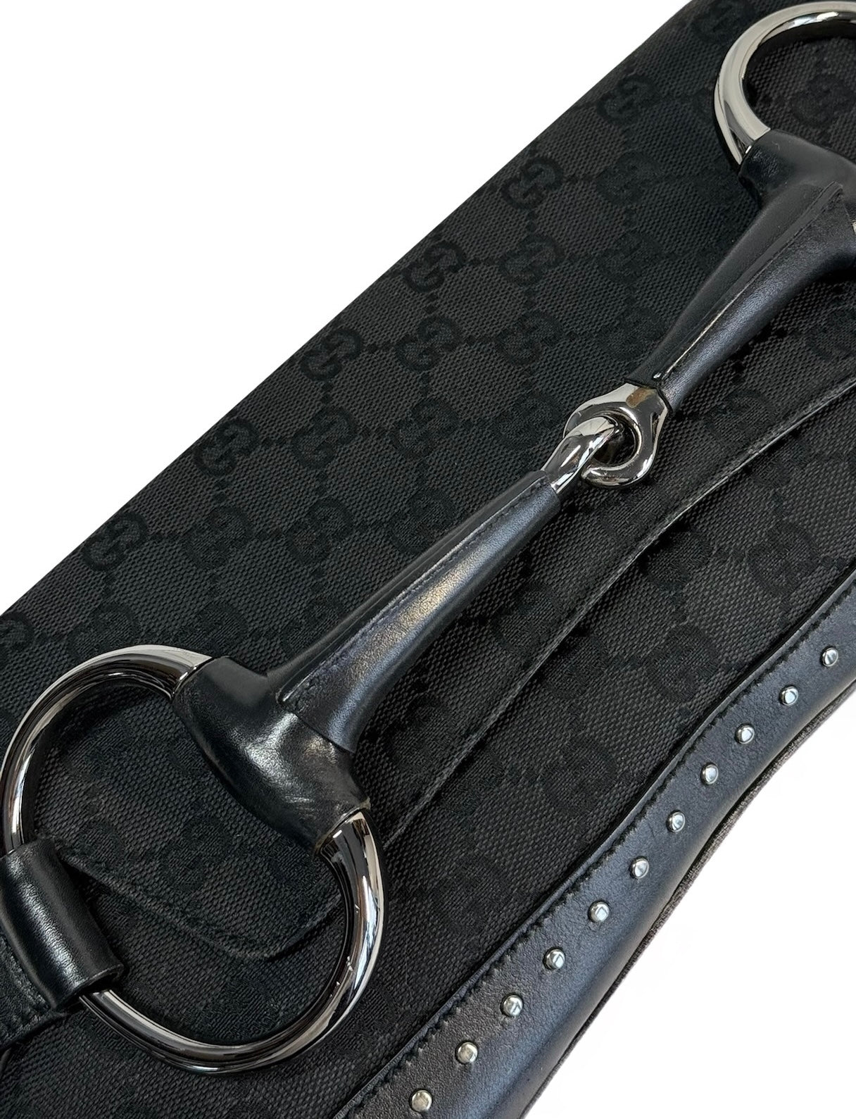 Gucci Vintage Black GG Monogram Large Horsebit Shoulder Clutch Pochette Bag