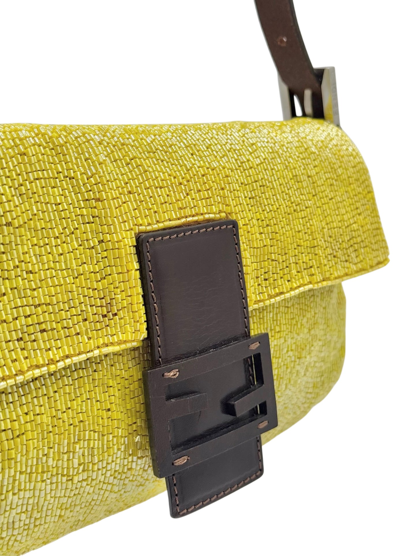 Fendi Vintage Neon Yellow Beaded Baguette Shoulder Bag