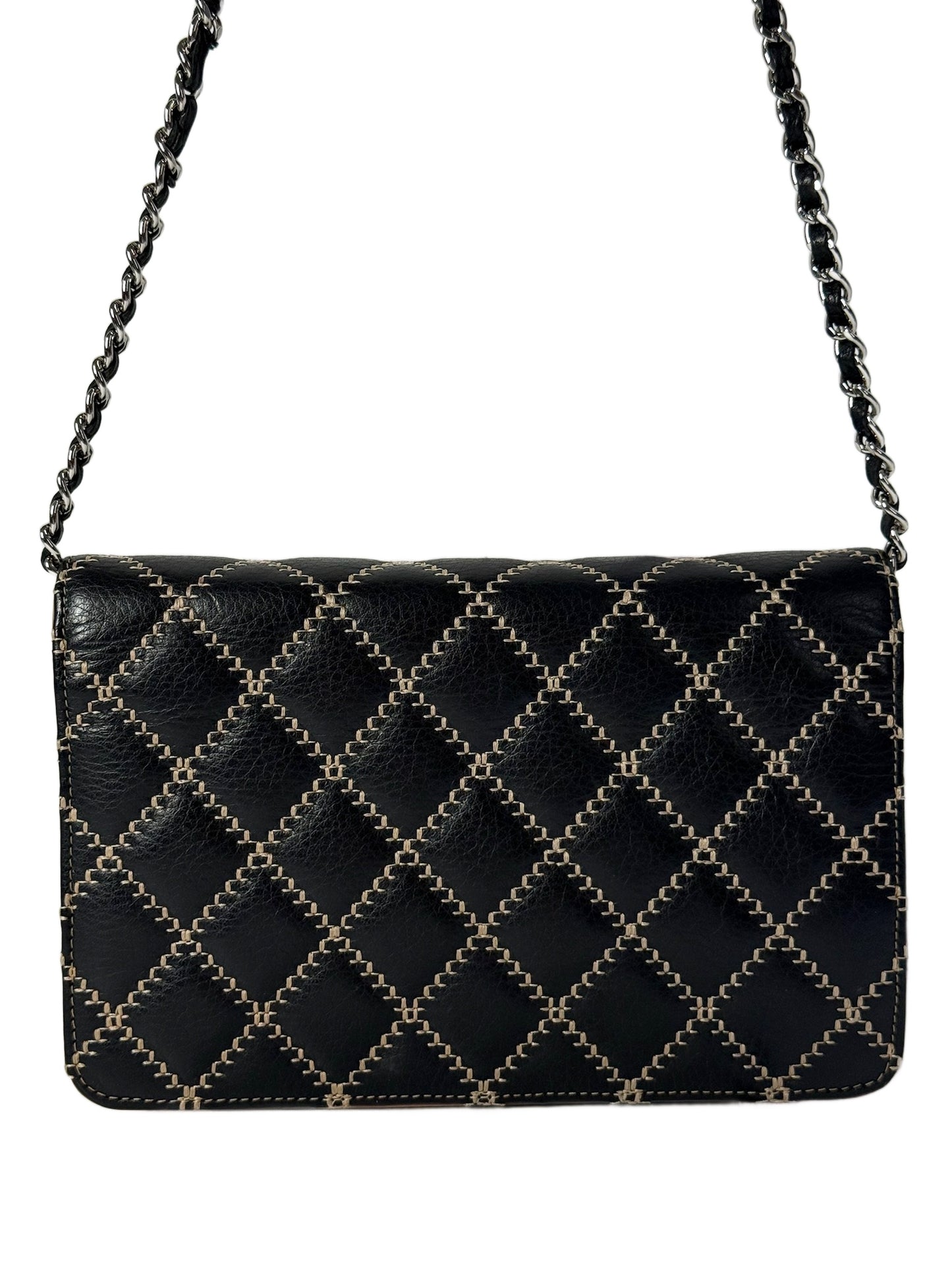 Chanel Black Calfskin Beige CC Wild Stitch Wallet on Chain