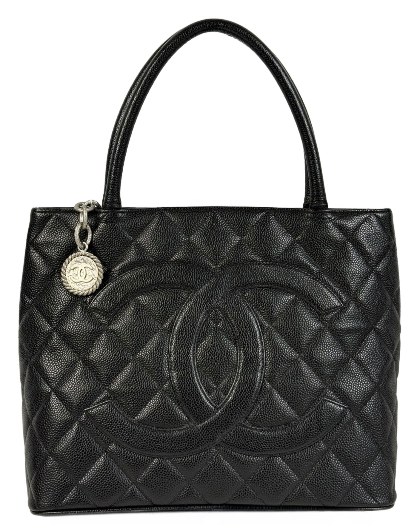Chanel Vintage Black Caviar Leather Medallion CC Shoulder Tote Bag