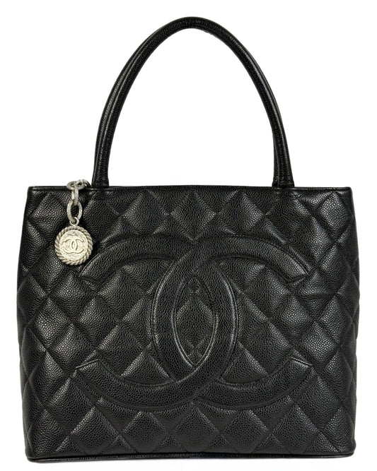 Chanel Vintage Black Caviar Leather Medallion CC Shoulder Tote Bag