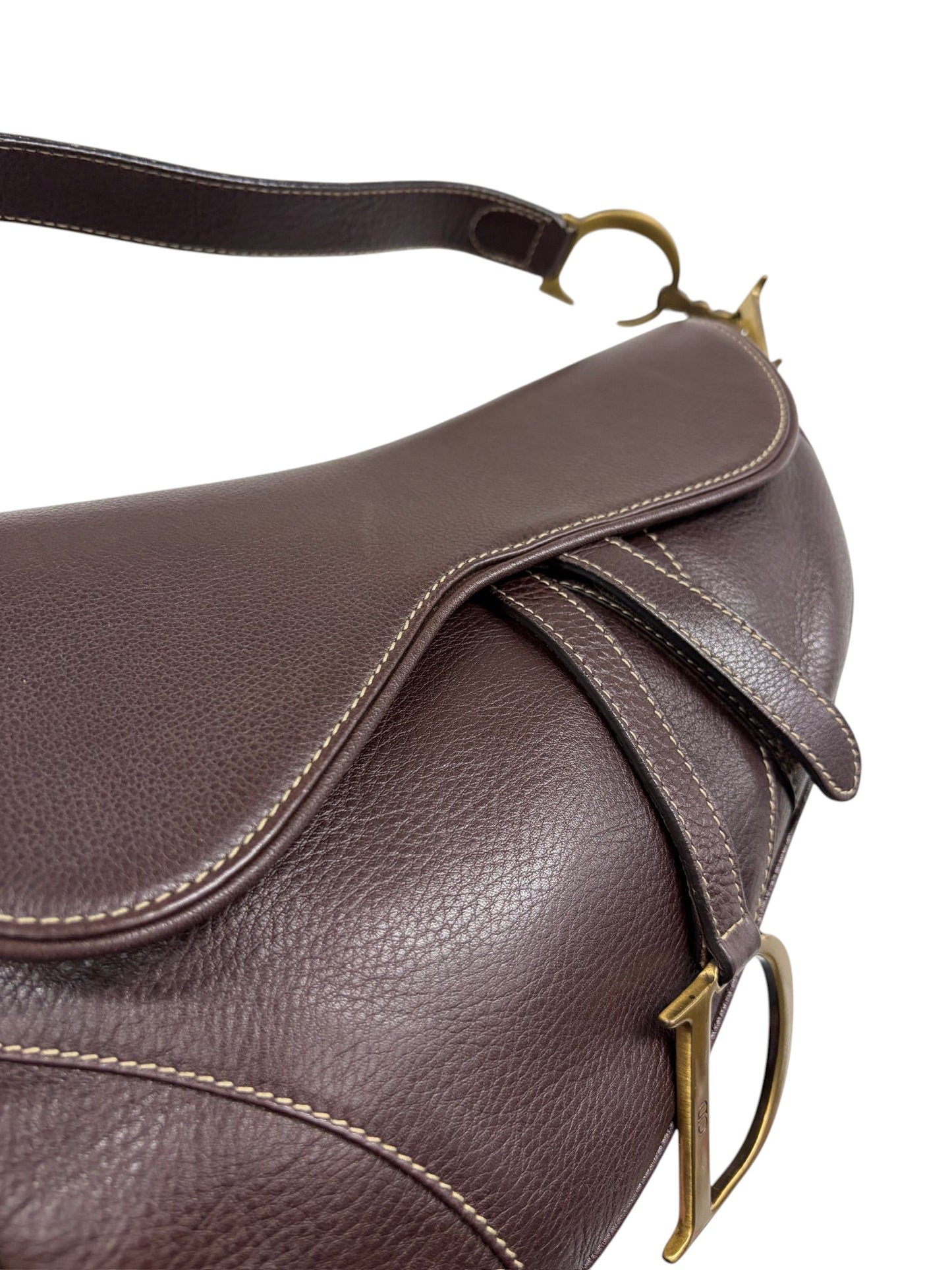 Dior Vintage 2002 Brown Grained Calfskin Leather Medium Saddle Shoulder Bag