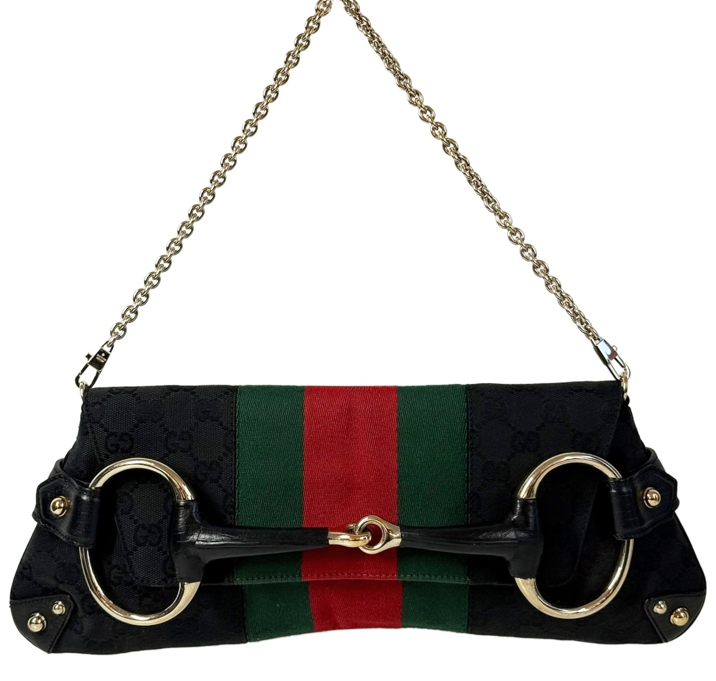 Gucci Vintage Black GG Monogram Webb Stripe Large Horsebit Chain Shoulder Clutch Bag