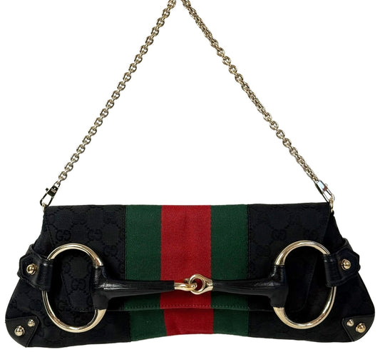Gucci Vintage Black GG Monogram Webb Stripe Large Horsebit Chain Shoulder Clutch Bag