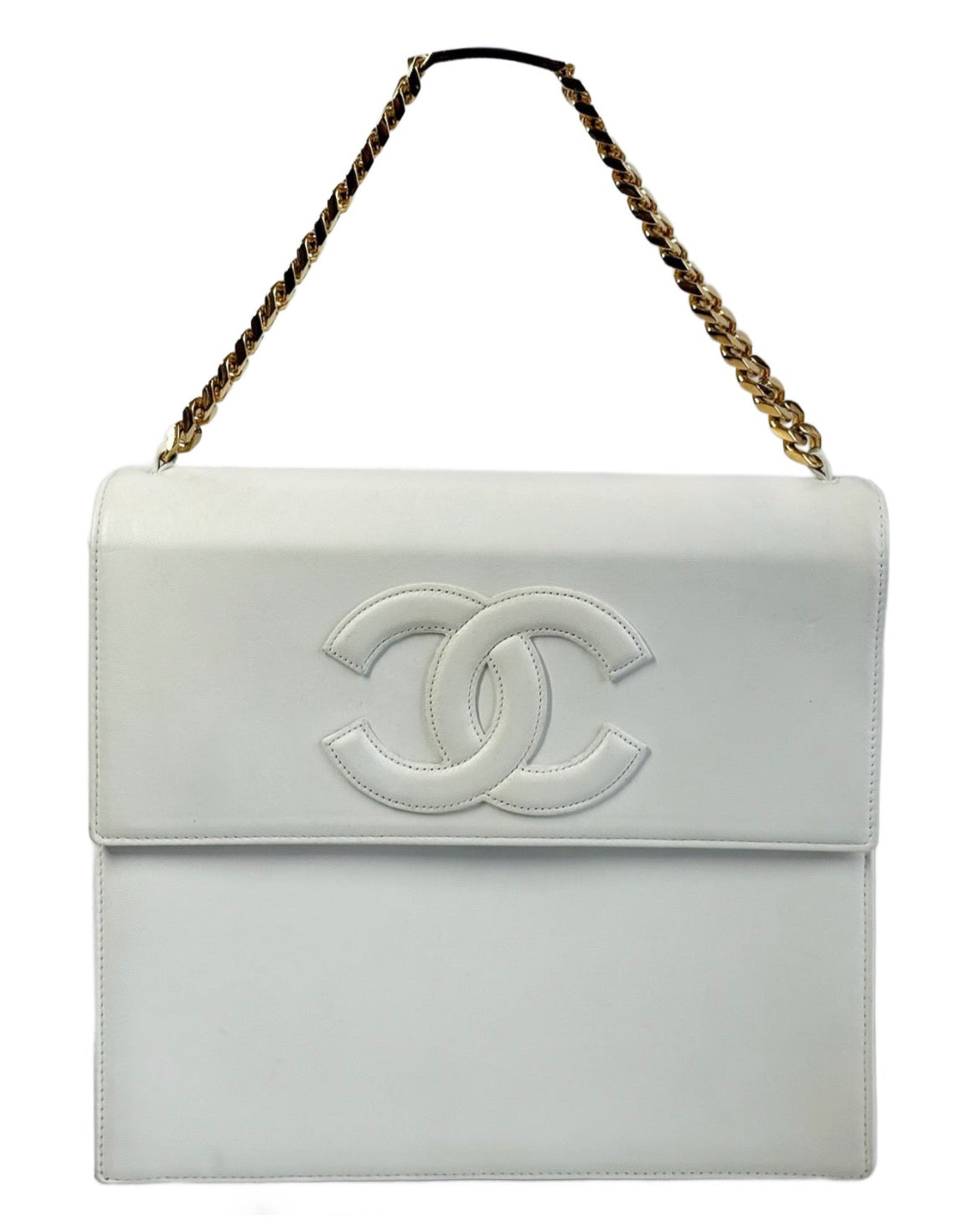 Chanel Vintage 90s White Lambskin CC Logo Top Handle Chain Bracelet Kelly Bag w 24K GPHW