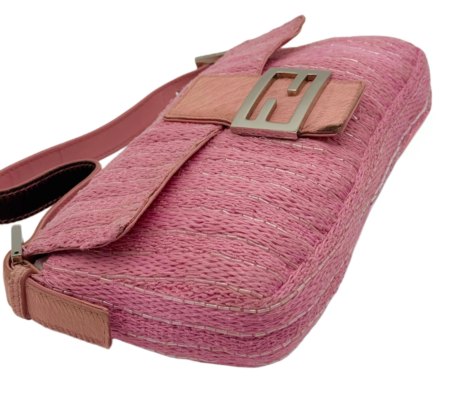 Fendi Vintage Pink Knit Silver Beaded Shoulder Baguette Bag w Cow Print Pony Hair Trim