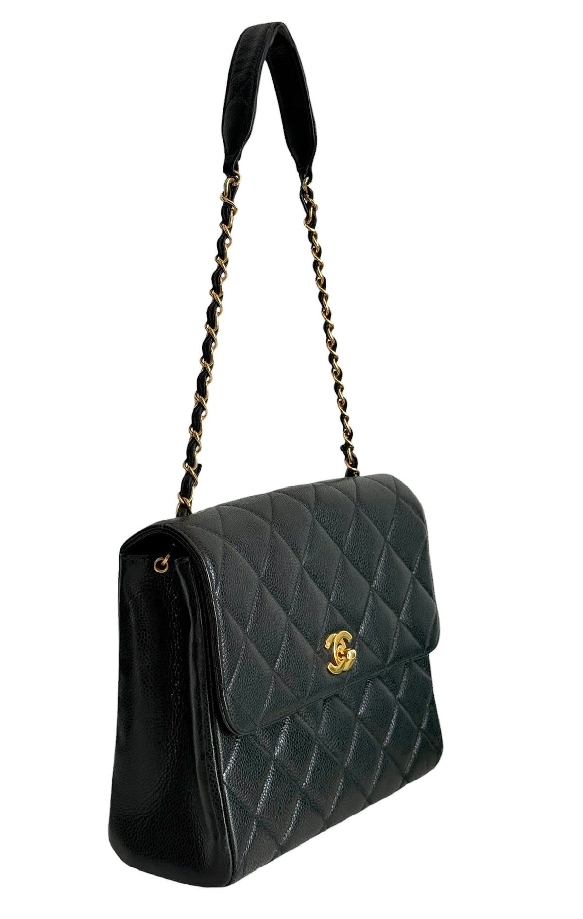 Chanel Vintage 90s Black Quilted Caviar Leather Medium Square Flap Shoulder Bag with 24K GPHW