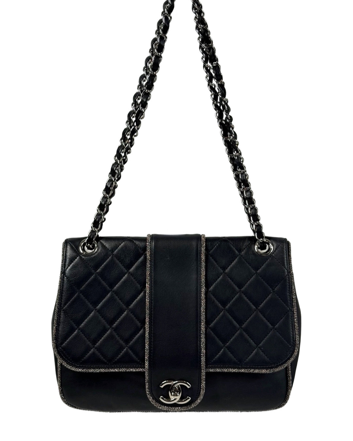 Chanel Dark Gunmetal Gray Quilted Lambskin Elementary Chic Flap Shoulder Bag
