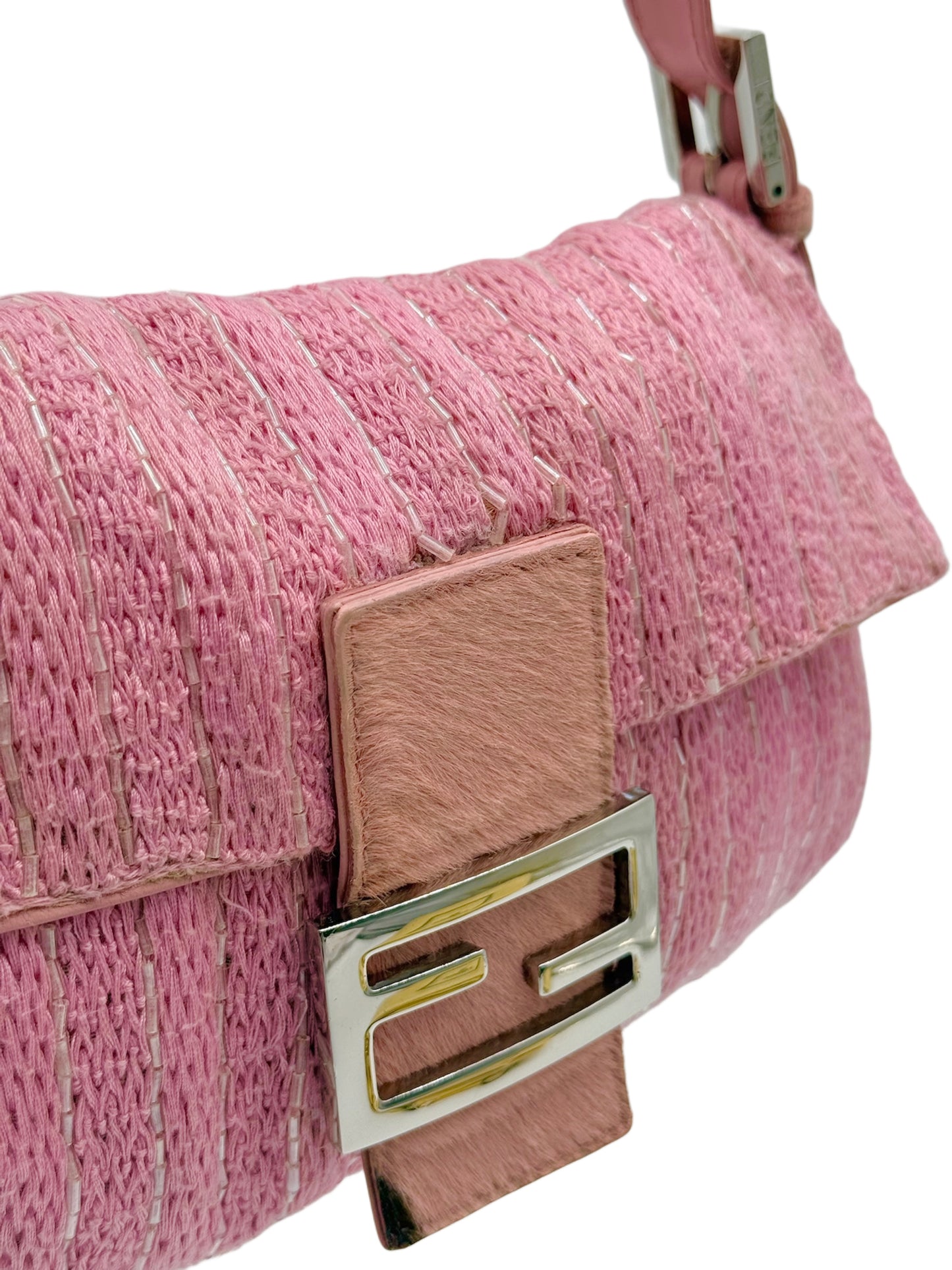 Fendi Vintage Pink Knit Silver Beaded Shoulder Baguette Bag w Cow Print Pony Hair Trim